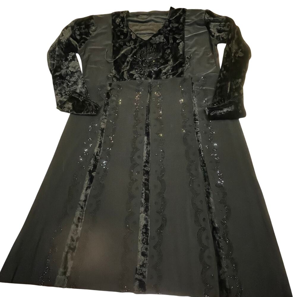 Women L Black Velvet Burnout Floral Dress Formal Maxi‎ Rhinestone Renaissance